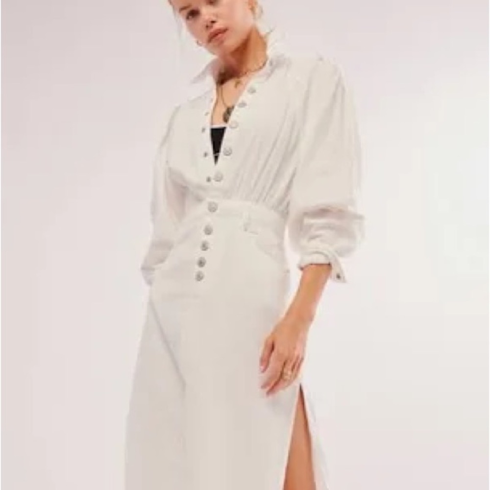 Free People Cream Buttoned Maxi Dress with Notched Collar